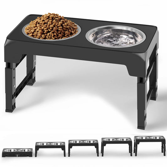 Adjustable Elevated Dog Bowl Stand with Two 42oz Stainless Steel Bowls for Small, Medium, and Large Dogs and Cats