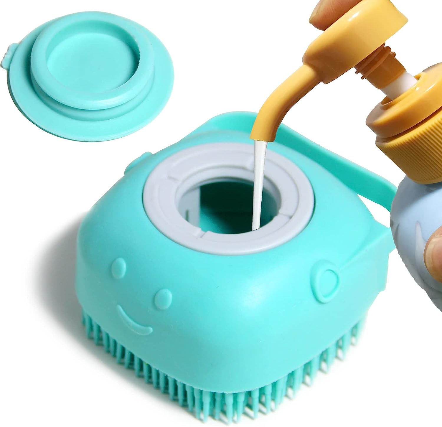 Soft Silicone Pet Bath Brush with Shampoo Dispenser for Dogs and Cats - Grooming and Shower Scrubber (Blue)