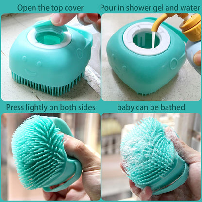 Soft Silicone Pet Bath Brush with Shampoo Dispenser for Dogs and Cats - Grooming and Shower Scrubber (Blue)