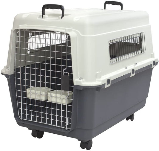 Sportpet Airline Compliant Large 31.5" Travel Dog Kennel - Durable Plastic Pet Carrier with Removable Wheels and Food Bowls, Collapsible Indoor/Outdoor Design for Dogs up to 28"L and 20"H - Cream/Gray