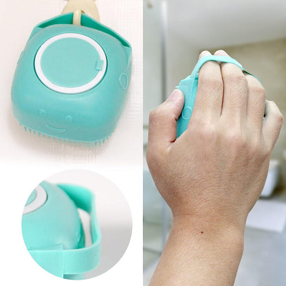 Soft Silicone Pet Bath Brush with Shampoo Dispenser for Dogs and Cats - Grooming and Shower Scrubber (Blue)