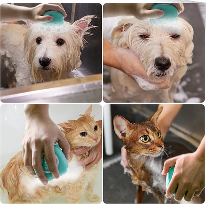 Soft Silicone Pet Bath Brush with Shampoo Dispenser for Dogs and Cats - Grooming and Shower Scrubber (Blue)